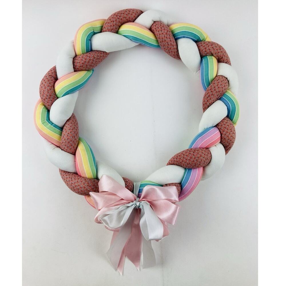 Vtg 80s Rainbow Wreath Puffy Cloth Fabric Wall Hanging Braid Nursery Kids Decor